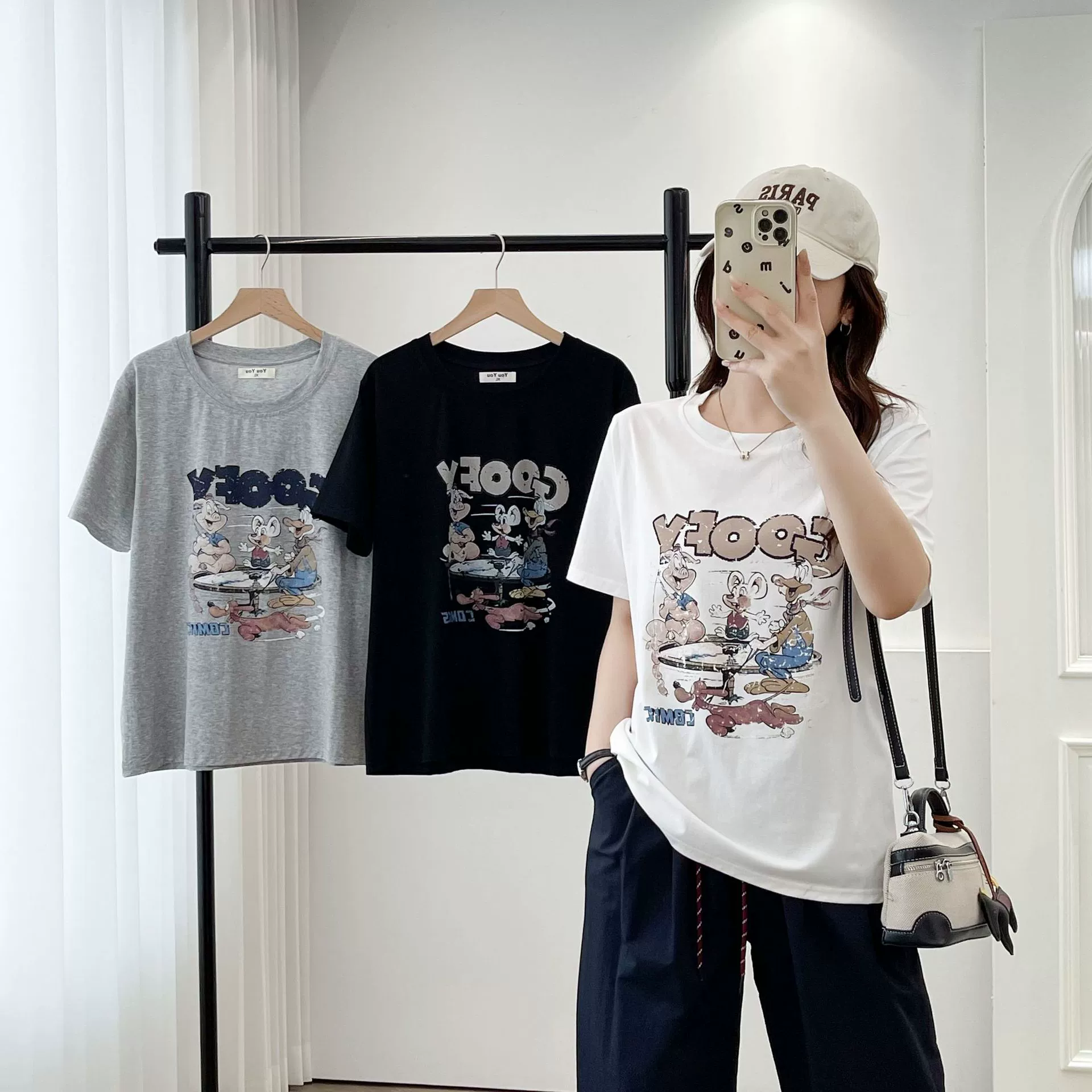 Женская футболка больших размеров с короткими рукавами, новинка лета 2025, универсальный свободный топ с мультяшным принтом в американском стиле ретро, ​​989