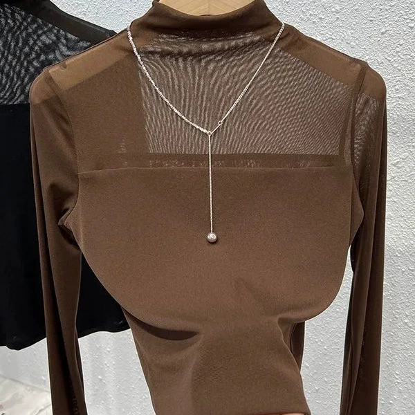 Европейская кружевная сетчатая нижняя рубашка для женщин, осень и зима, новая водолазка, внутренняя одежда, Приталенный топ с длинными рукавами для горячей девушки, Привлекательный по фигуре