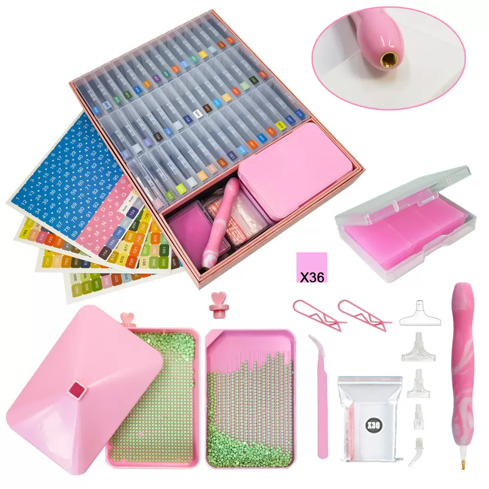 DIY新款钻石画工具圆钻点钻盘收纳盒分钻储存点钻盘粉色礼盒套装