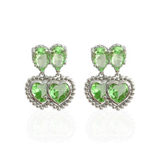 时髦绿色精致宝石双爱心重影耳环小众设计甜美桃心耳饰