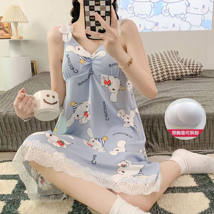 Pijamas al por mayor transfronterizos para mujer de encaje de verano con almohadilla para el pecho para mujer vestido de honda suelto simple para mujer camisón