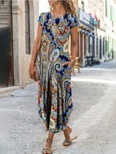 2022欧美跨境新款亚马逊独立站女装圆领插口袋短袖潮流印花连衣裙