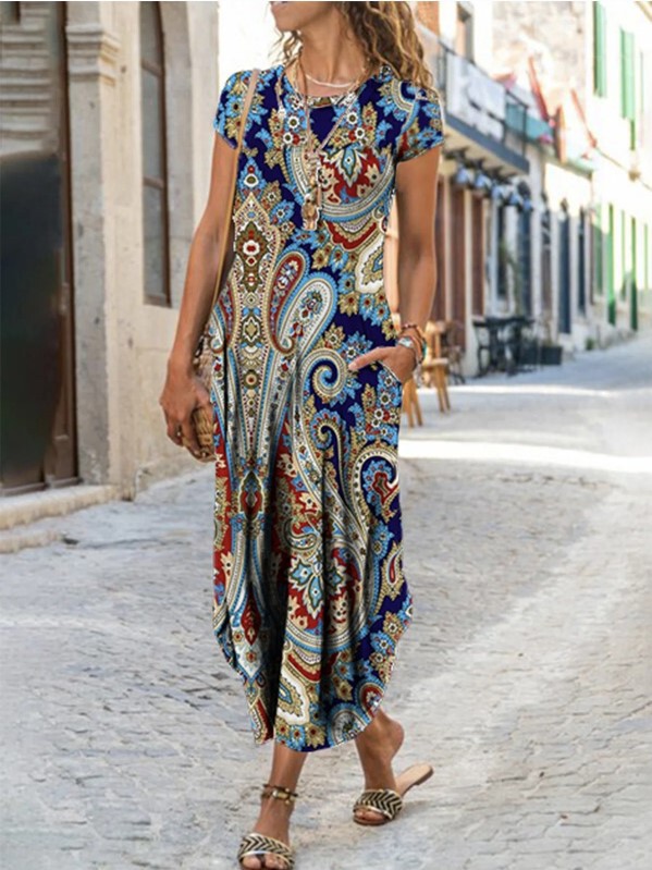 2022 European and American cross-border new Amazon independent station women's round neck pocket short sleeve fashion Printing Dress
