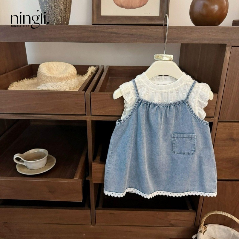 [Lemon] Sweet Sister! Baby Girl's Flying Sleeve Embroidered Love T-shirt Soft Denim Strand Dress Fashionable suit Style