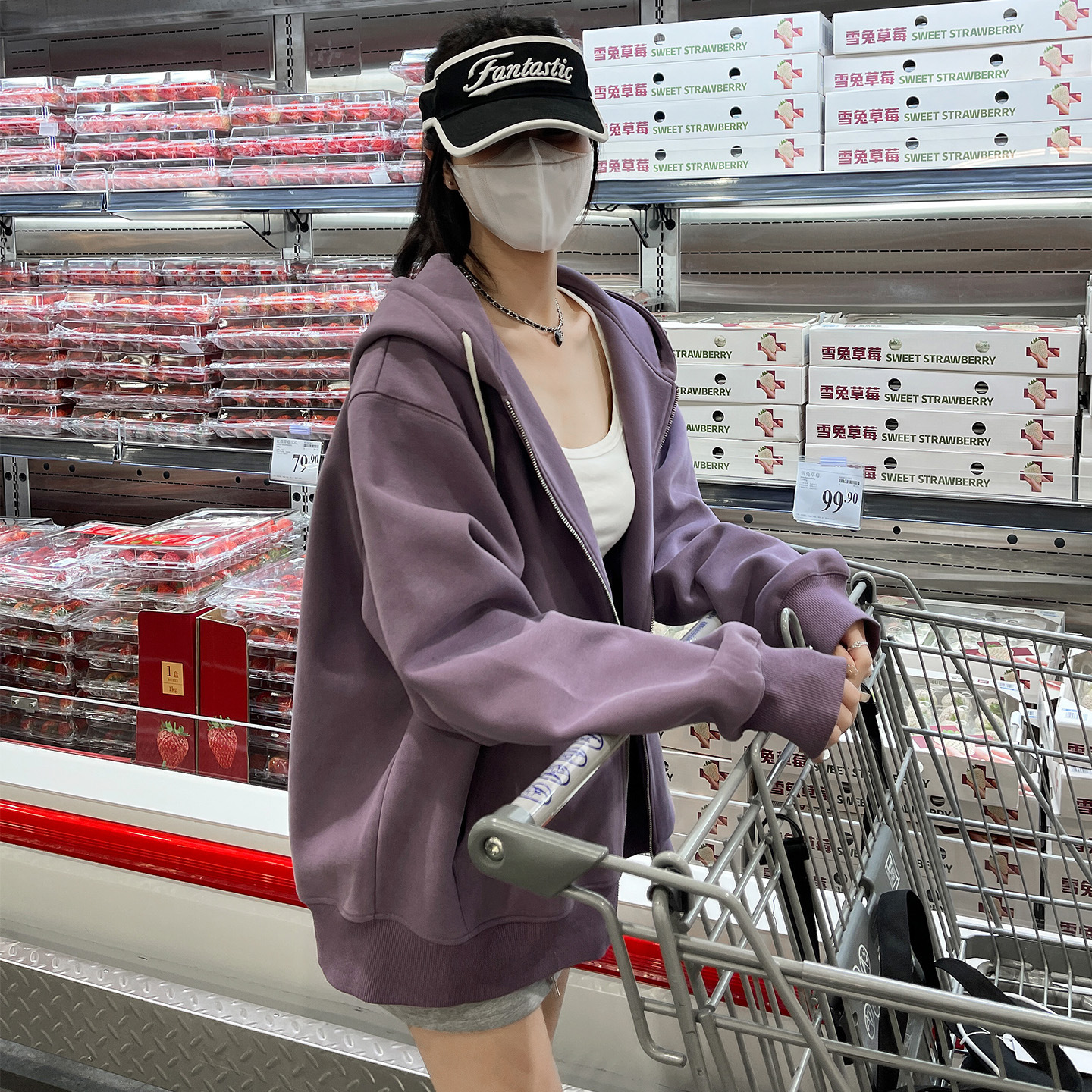 2025新款宽松韩系慵懒风紫色连帽卫衣女春秋冬季外套拉链开衫上衣