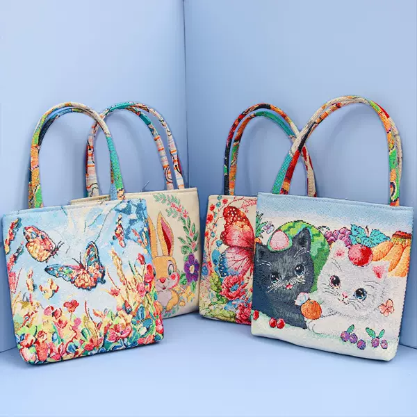 Ethnic Style Handbag, Embroidered Sofa Fabric Bag, Fresh and Casual Double-Sided Gold Thread Embroidery Bag