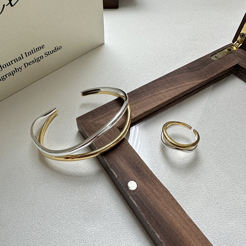 S925 silver Korean version niche design fashionable gold and silver contrast double-layer bracelet personality simple fashionable wave bracelet