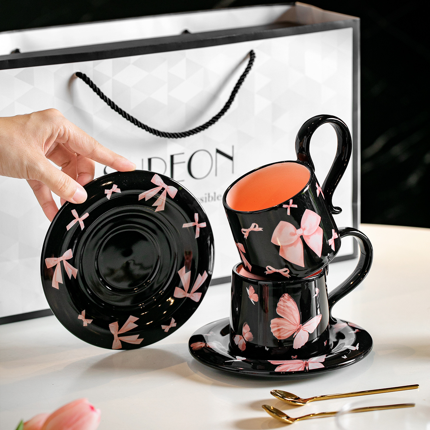 Amor arco taza de café y plato conjunto de caja de regalo para la casa de bodas regalo de regalo de cumpleaños té de la tarde