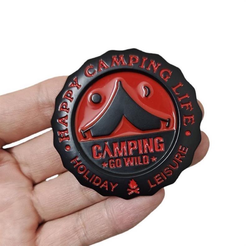 Camping car emblem, personalized creative car decal for outdoor adventures, mountain climbing, travel car body decoration, metal rear car emblem