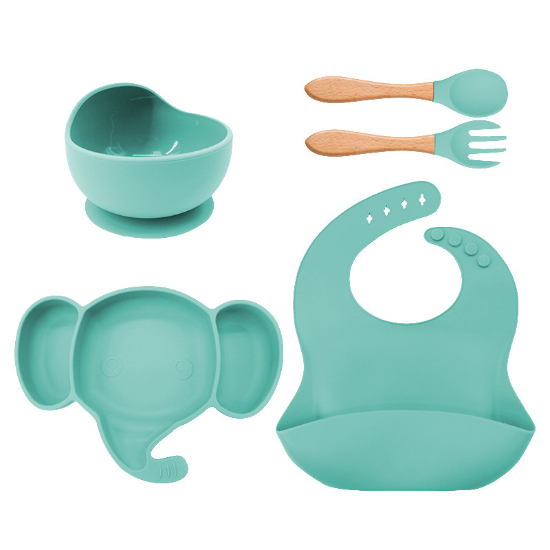 Plato de cena de silicona para niños tenedor cuchara traje de babero suministros maternos e infantiles traje de vajilla de alimentación infantil de grado alimenticio de silicona