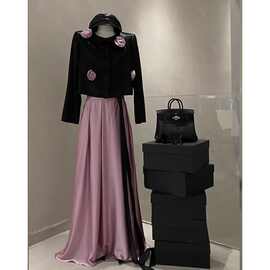 秋冬新款女装新品感小洋装黑色小香风短外套齐地长裙两件套装气质