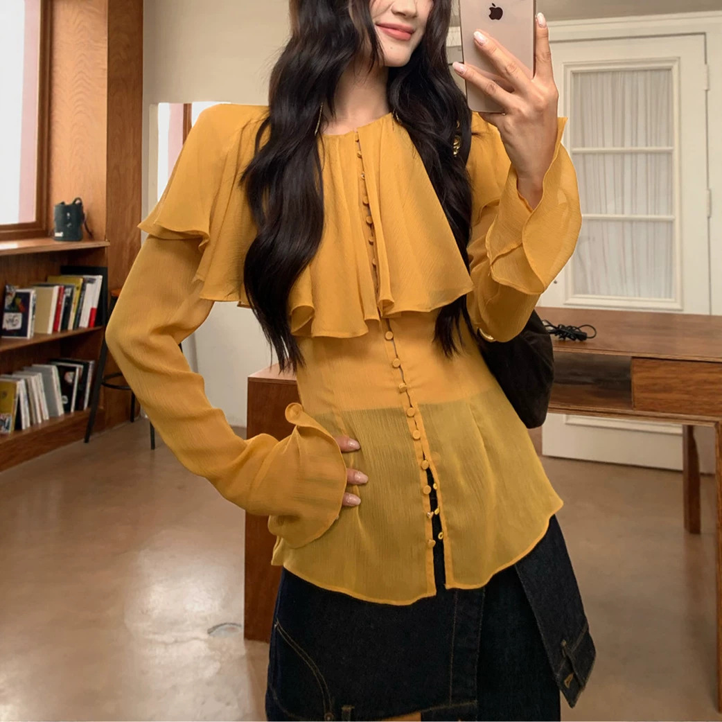 Nemar MA French-style gentle yellow ruffled blouse, long-sleeved, sun-protective, slimming, elegant, and youthful top.