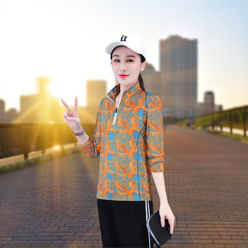 2026 New Fashionable Jacquard Ice Silk Quick-Dry Long-Sleeve T-Shirt for Women, Spring and Autumn Casual Sports Versatile Stand-Up Collar Top 2026 New Fashionable Jacquard Ice Silk Quick-Dry Long-Sleeve T-Shirt for Women, Spring and Autumn Casual Sports Versatile Stand-Up Collar Top