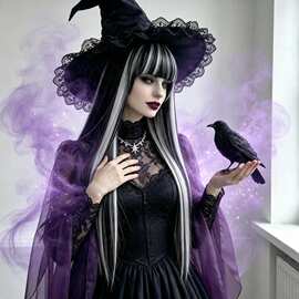 万圣节外贸假发女齐刘海黑白混色长直发gothic 女巫 cosplay wig