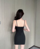 V-neck low cut camisole dress design with a sexy slit and buttocks wrapped skirt