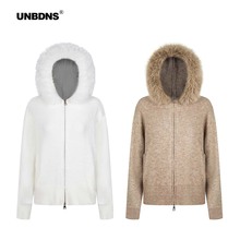 UNBDNS毛领宽松连帽针织开衫慵懒风毛衣外套女秋冬可拆卸韩系上衣