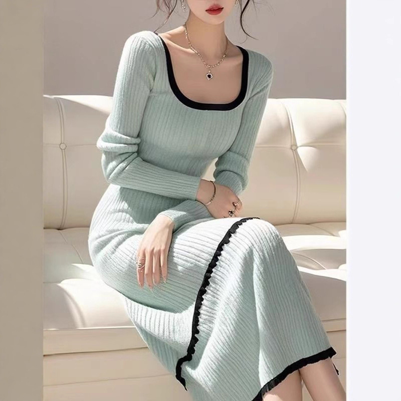 French Style Square Neck Knitted Dress, Unique and Beautiful Autumn and Winter Style, Beautiful Sweater Skirt with Coat