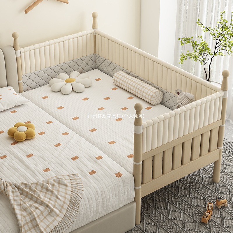 Solid Wood Children's Bed with High Guardrail, Baby Princess Bedside Bed, Widened Side Crib, Spliced ​​Large Bed, Liftable