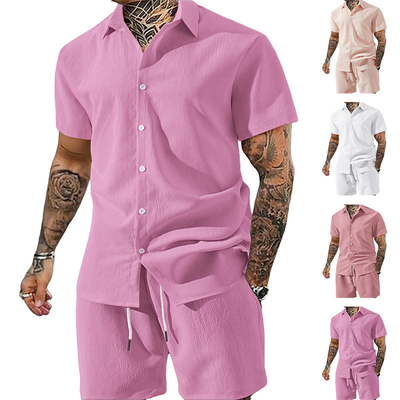 Summer Men's Amazon Solid Color Lapel Short-Sleeved Shirt Casual Drawstring Shorts Suit Men's Summer Suit Men's Summer Men's Amazon Solid Color Lapel Short-Sleeved Shirt Casual Drawstring Shorts Suit Men's Summer Suit Men's