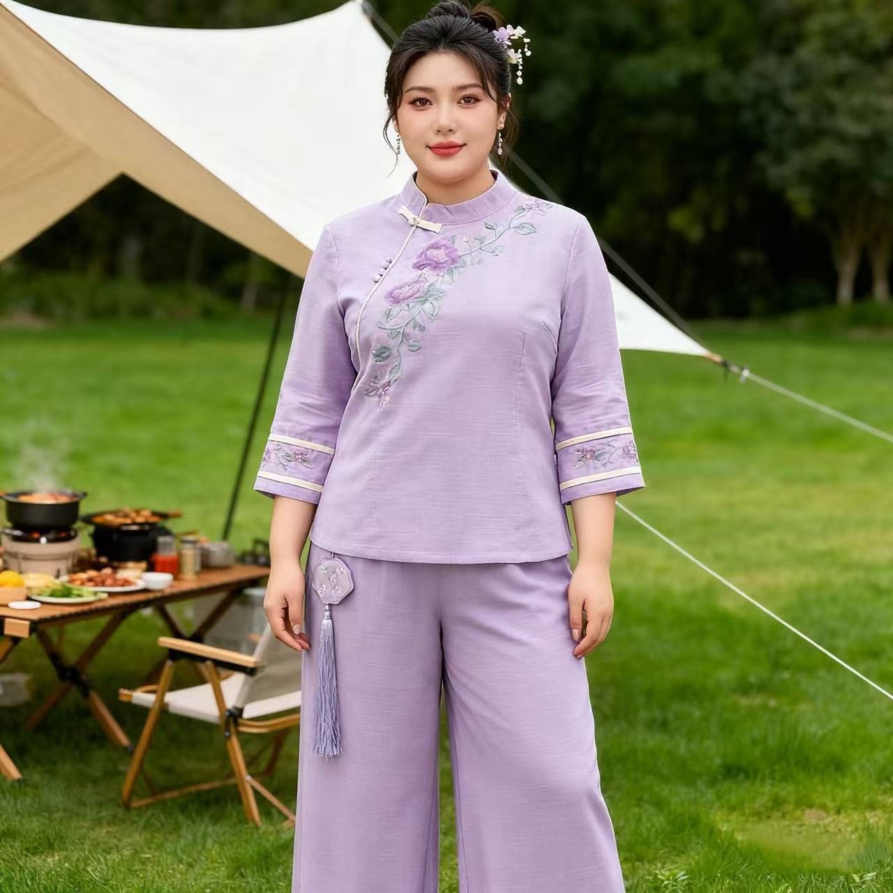 大码女装中式淡雅刺绣七分袖立领盘扣上衣春夏流苏九分阔腿裤套装