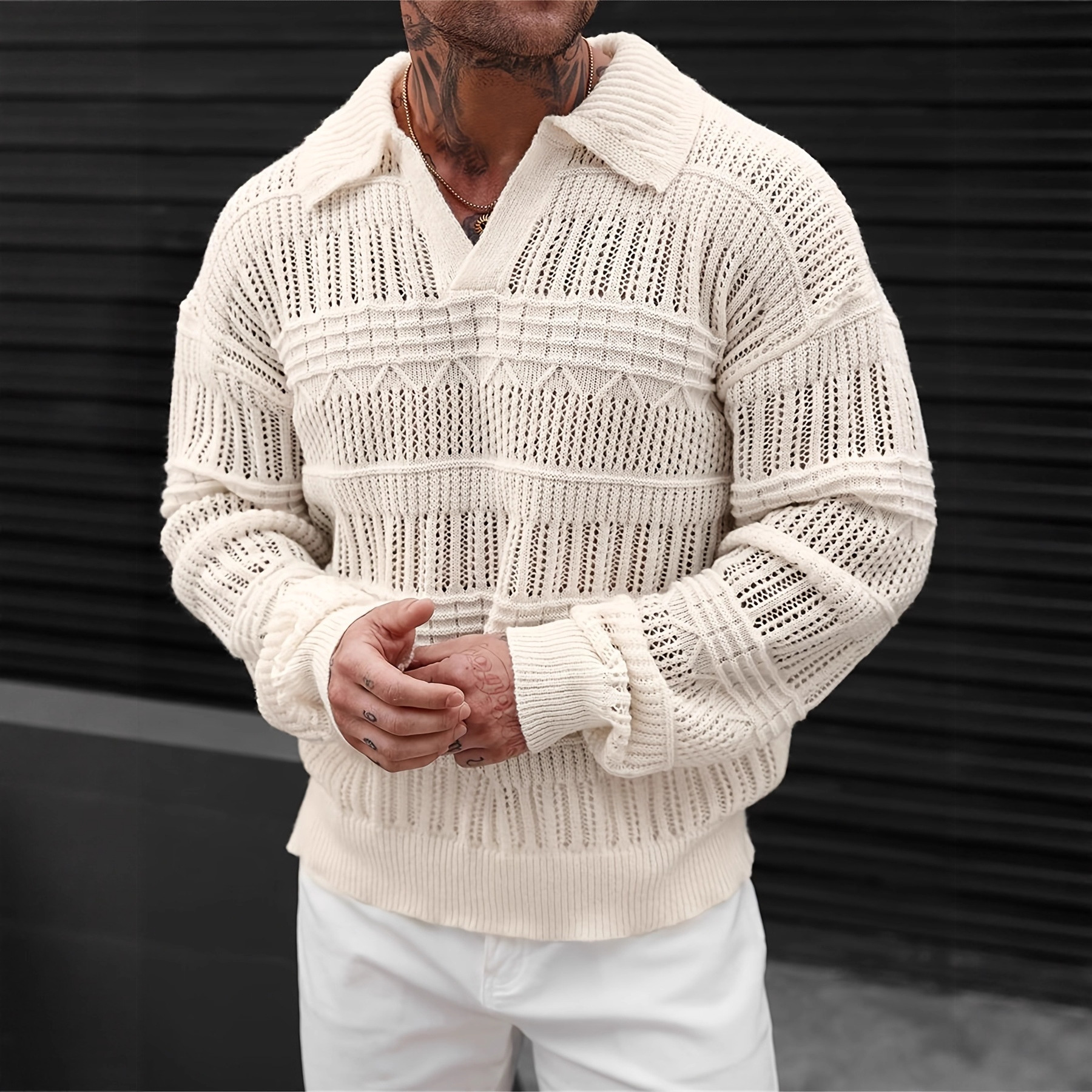 ​Men's Streetwear Hollow-Out Knit Shirt Fashion Loose Fit Short Sleeve Collared Pullover Polyester Breathable Summer Casual​_viptrois.com