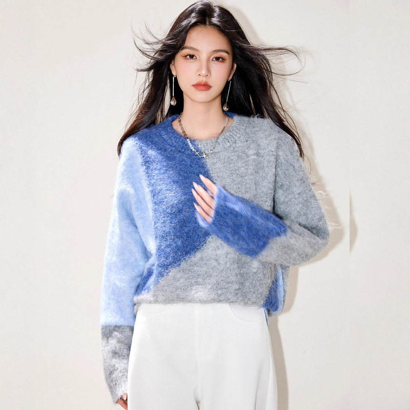 蓝色复古拼接软糯马海毛毛衣女圆领慵懒风高级感针织衫2025冬季新|undefined