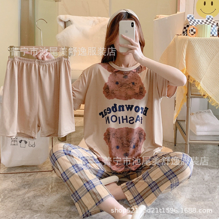 Pajamasクロスボーダー外国貿易工場卸売パジャマ女性半袖ショートパンツ長ズボン三点セット漫画ホームスーツ|undefined