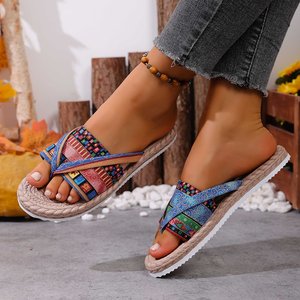 Women's Ethnic Style Color Blocking Flat Sandals Design Suitable Or Outdoor Wear Summer New Plus Size Flip Flops_voghion.com