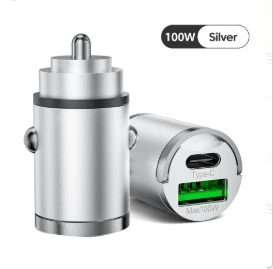 Mobil şarj cihazları, charging cross-border - 100w-metal-pull-ring-mini-invisible-car-charger-ac-dual-port-silver