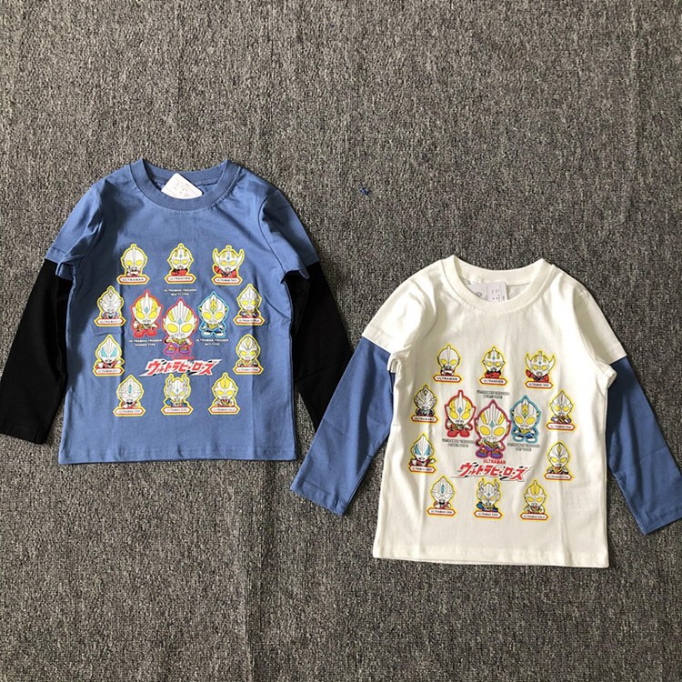 Japanese style cartoon superhero series new faux two-piece children's long-sleeved casual base layer shirt