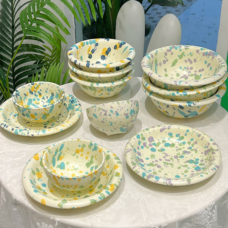 New Colorful Splash Ink Plate Creative Dinner Plate Household Ceramic Plate Bowl Breakfast Plate Sweet Plate Disc