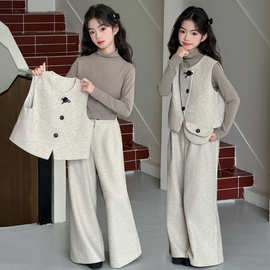 女童春秋套装2026新款儿童洋气韩范打底衫毛呢马甲阔腿裤三件套潮