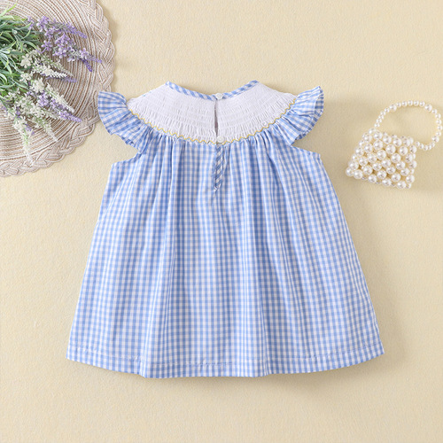 Summer Thin Girl's Skirt, Korean Style Sleeveless Checkered Dress with Cute Bear Embroidery, Heavy Work Ruffle Princess Dress, Cotton