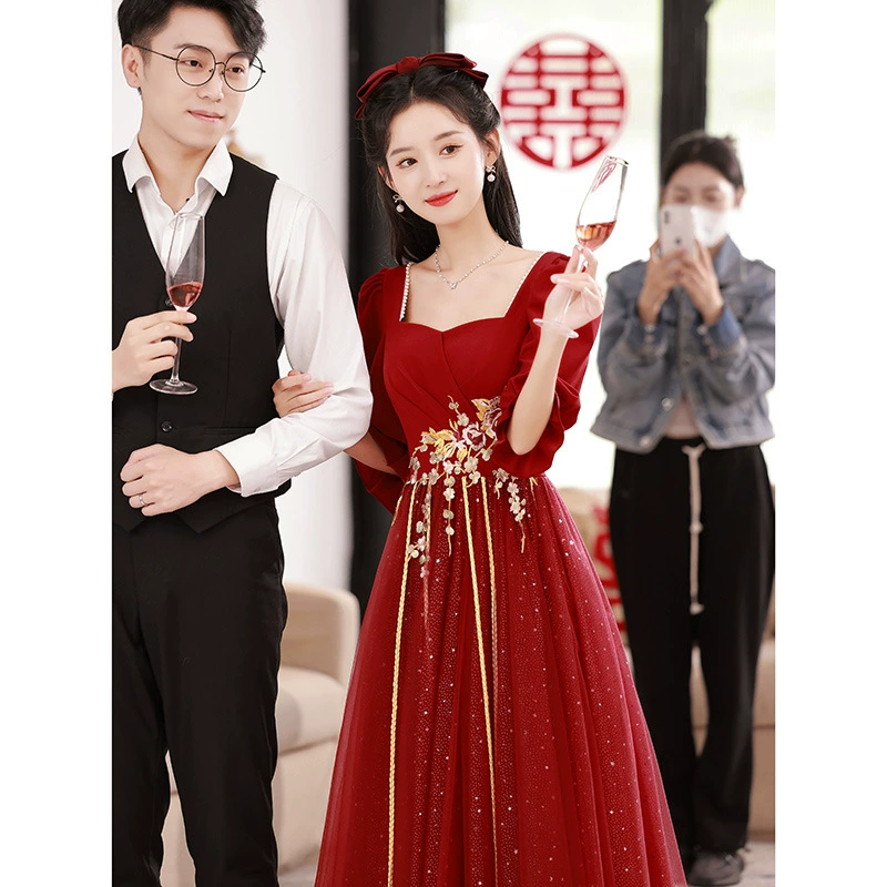 Большой размер тост невеста тонкая 2025 новый винно-красный толстый мм свадебное платье