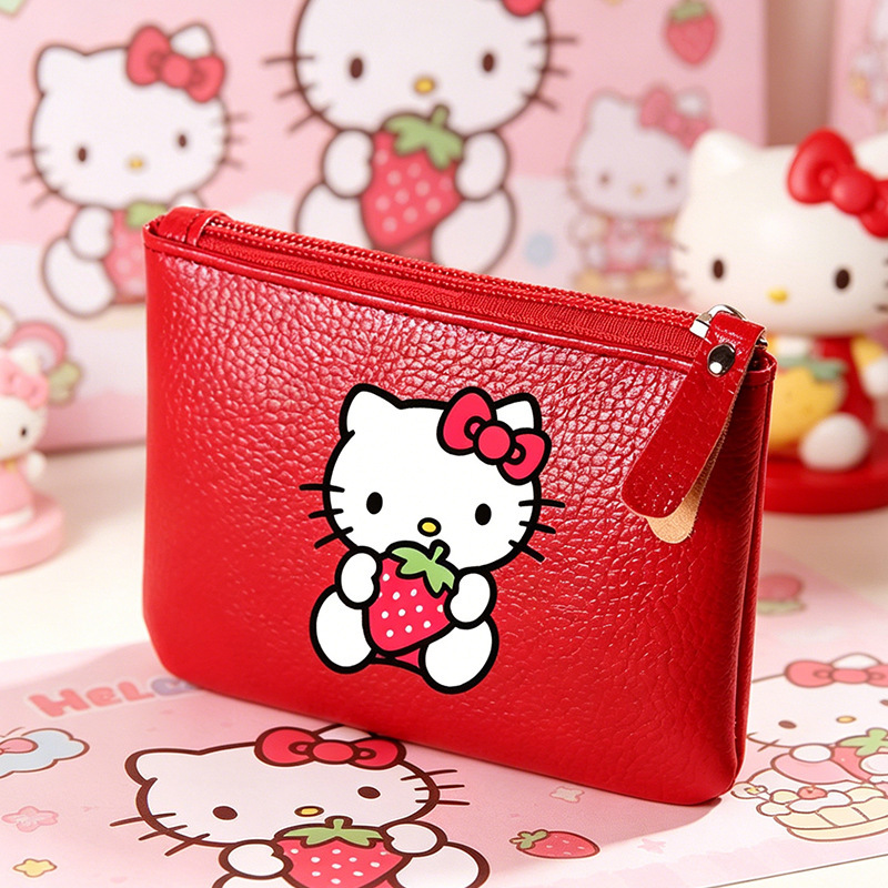 Cartoon Hello Kitty Coin Purse for Men and Women, New Style with Lychee Pattern Zipper Coin Pouch, Pu Soft Leather Card Holder