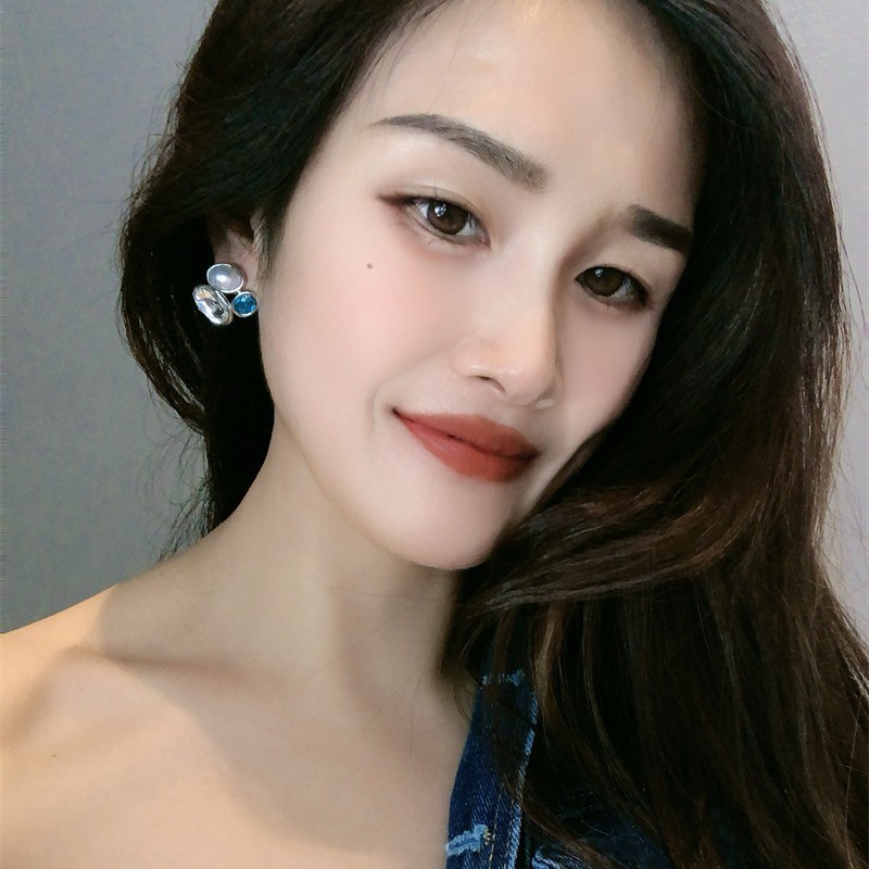 银针简约高级感撞色椭圆水晶耳钉时尚几何珍珠轻奢百搭耳环耳饰品|undefined