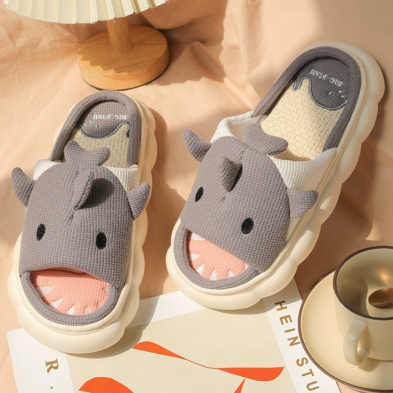Маленькие льняные тапочки с акулой, толстые женские весенне-осенние домашние Нескользящие дышащие напольные Тапочки