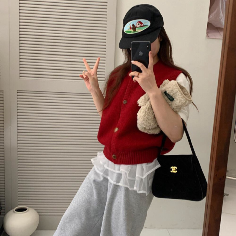 2025新款韩系小个子针织学院风女叠穿马甲开衫背心毛衣女款上衣|undefined