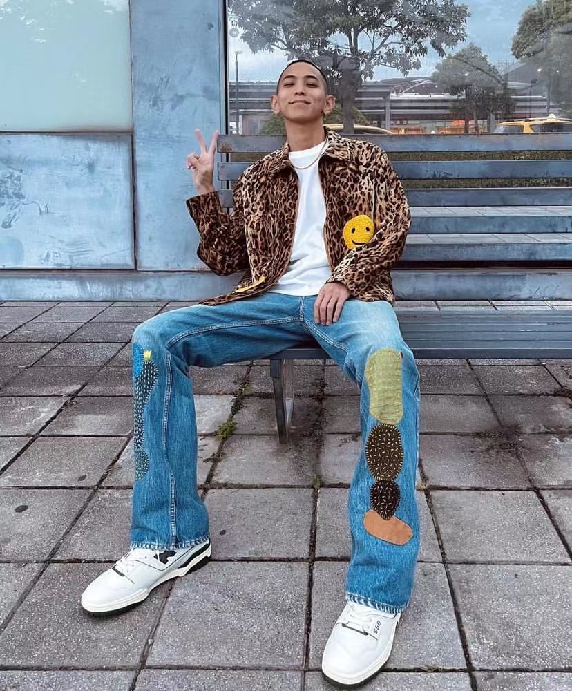 KAPITAL VINTAGE Kazuhiro Hirata ins style cactus embroidery handmade patch loose large size jeans_voghion.com