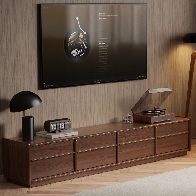 Solid Wood Skeleton Line Tv Cabinet Living Room Light Luxury Floor Cabinet Walnut Color Medieval Floor-Standing Small Apartment Tv Cabinet