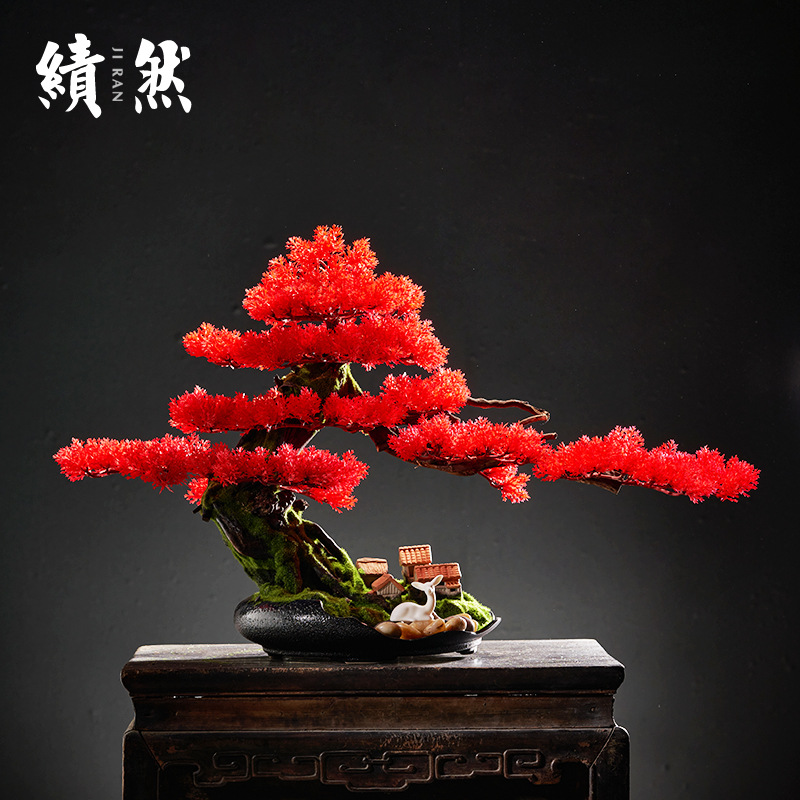 新中式迎客松摆件盆景栽仿真绿植酒店造景办公室装饰品样板间客厅