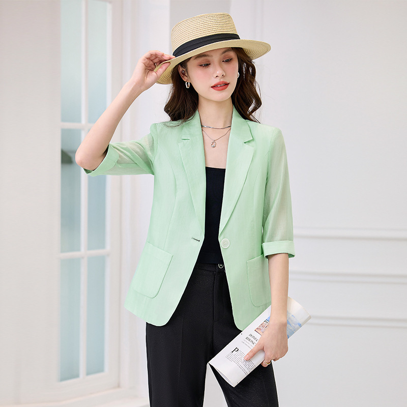 Summer Mesh Sleeve Mid-Sleeve Thin Suit Tencel Coat Women's New Early Spring Casual Short Elegant Top for Women