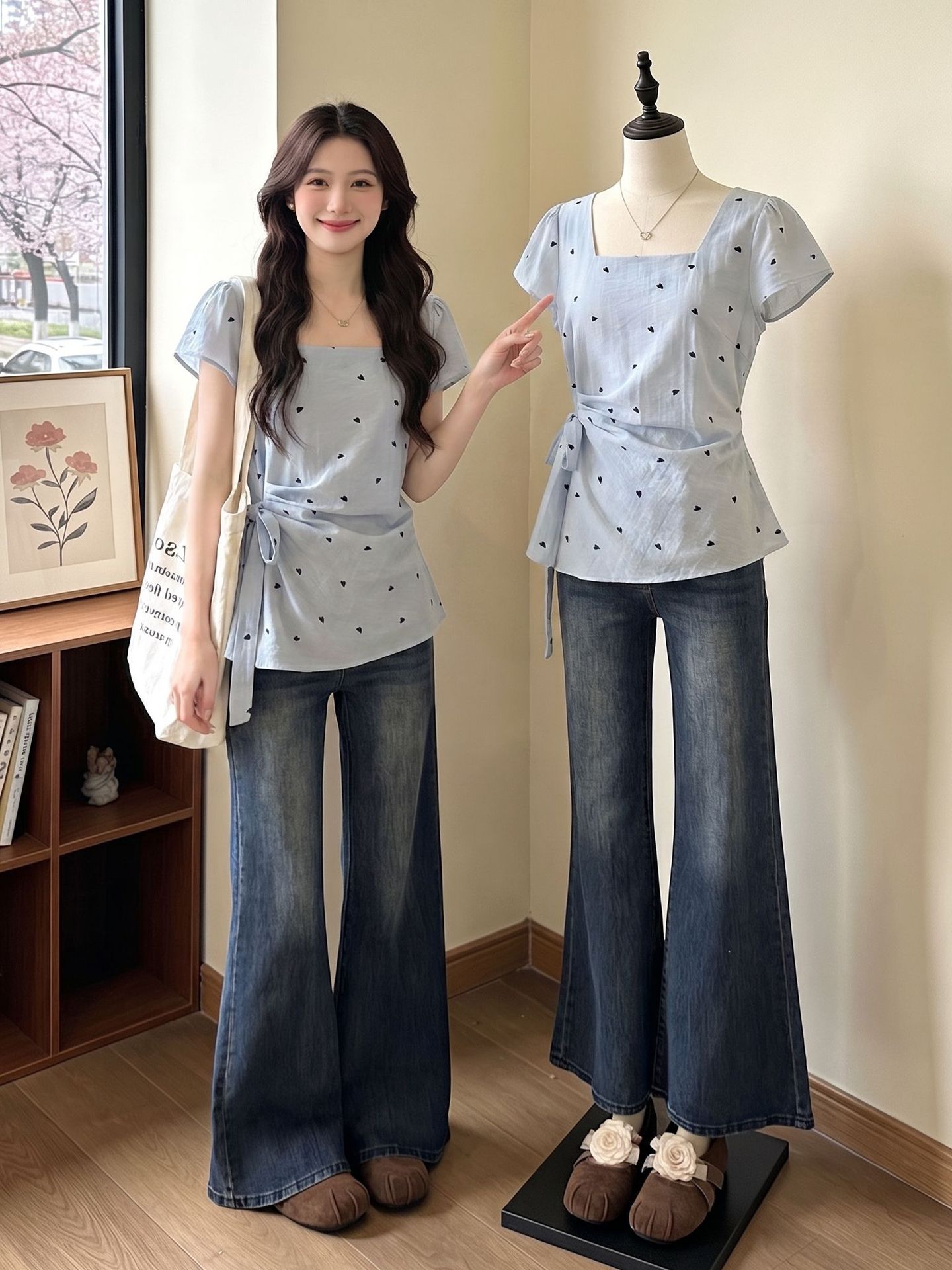 Áo sơ mi ngắn tay cổ vuông nữ tay ngắn, phối dây rút eo, form chuẩn vai — xanh lam