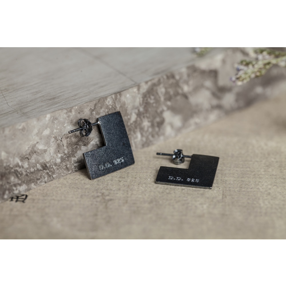 925 Sterling Silver Oxidation Black Geometry Square Earrings Ring Minimalist