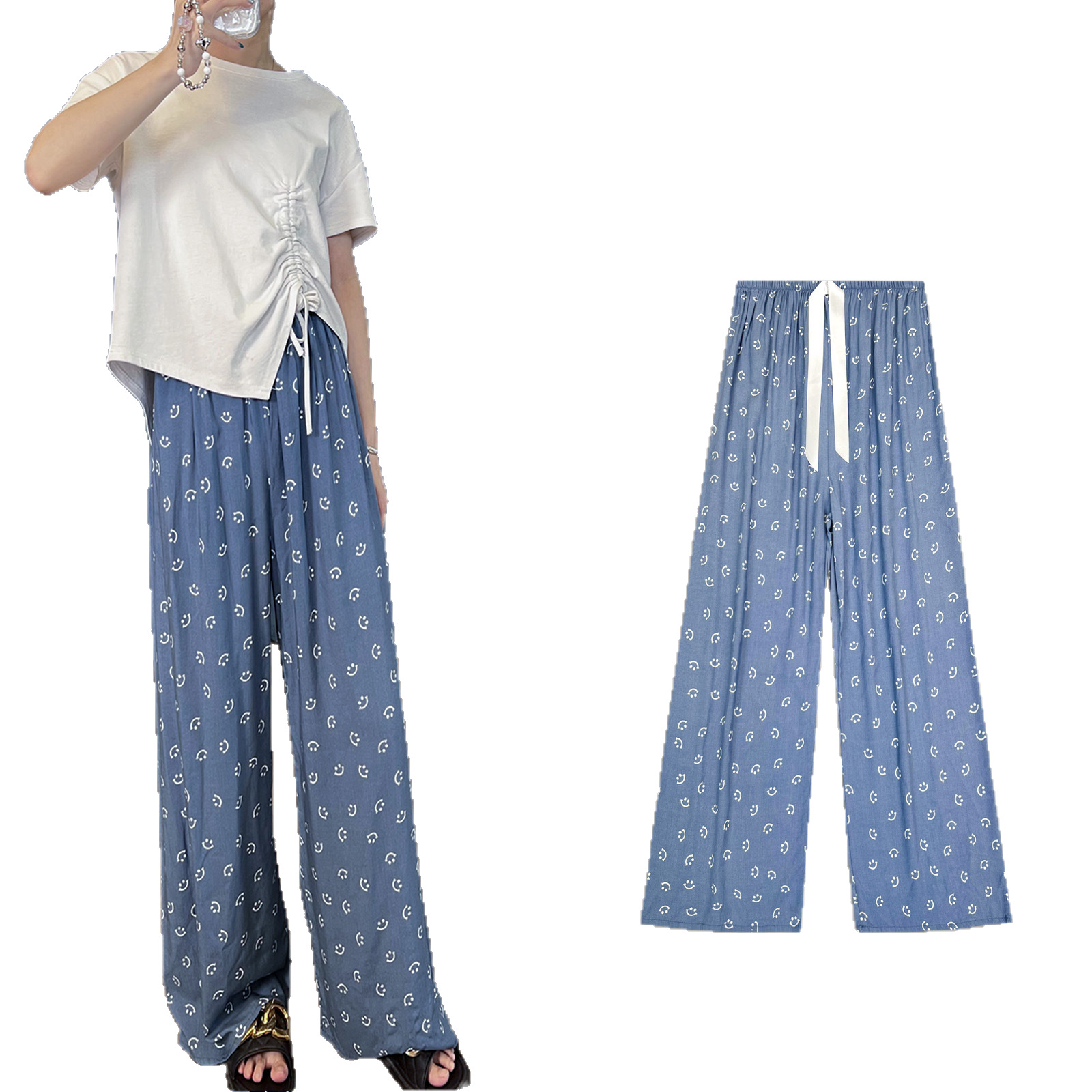 [Bolsillos dobles] pijamas de seda de algodón pantalones anchos sueltos de verano para mujer pantalones de nueve puntos pantalones de algodón artificial para el hogar para mujer