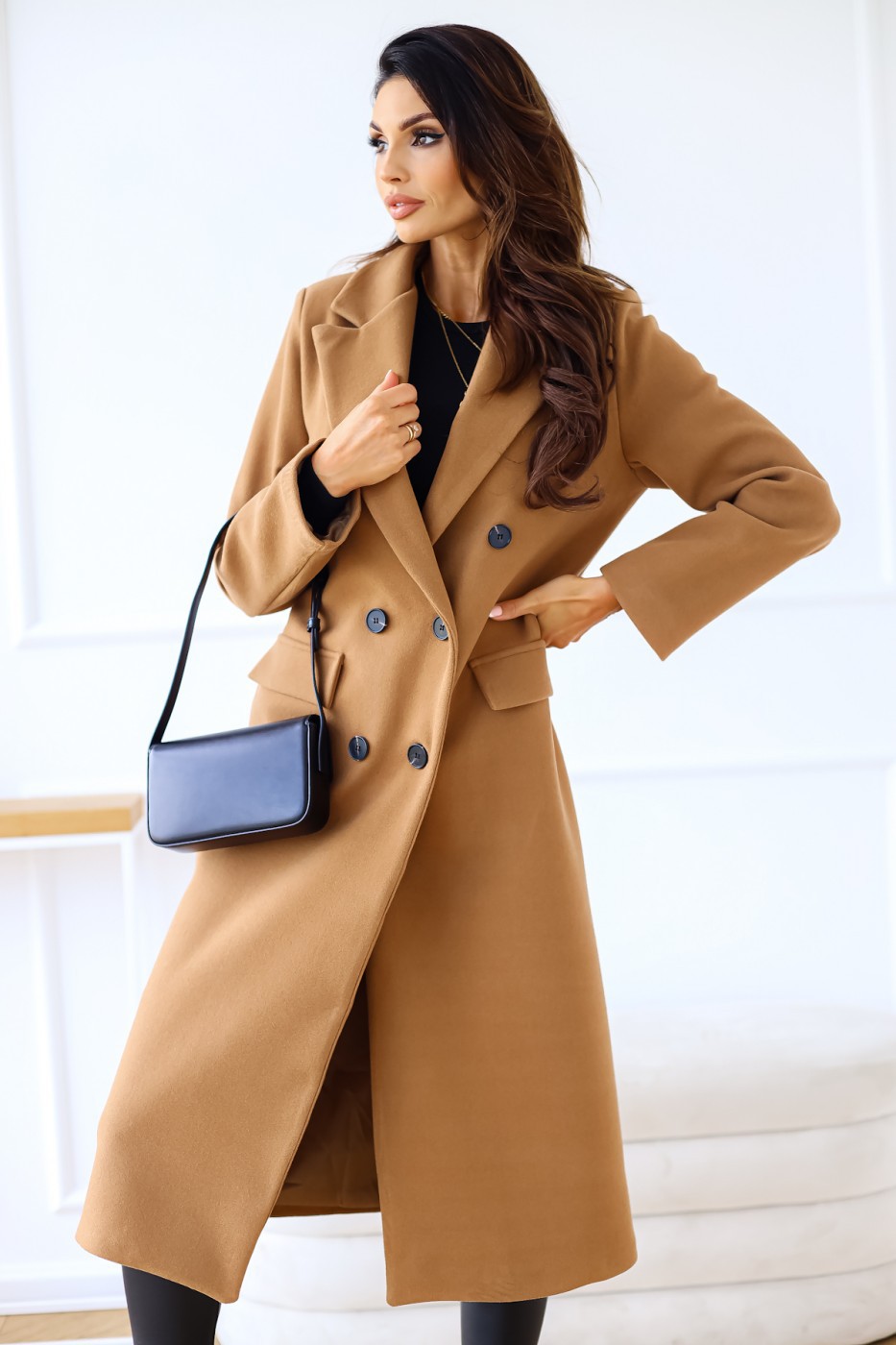 solid color double-breasted long-sleeved lapel button woolen coat NSYF138757