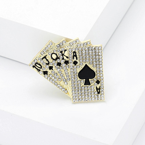 European and American creative new popular jewelry alloy diamond-encrusted hip-hop playing cards flush brooch men's and women's suit collar pins
