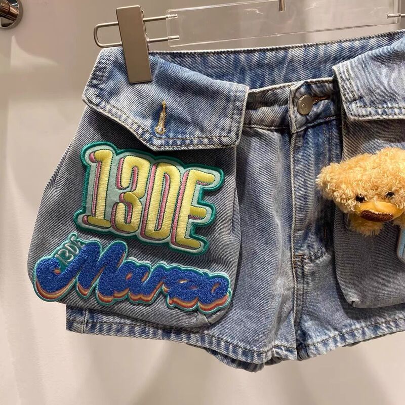 2026 Summer New Design with 3D Bear Letter Embroidery, Stylish Denim Shorts for Women, Cute Hot Pants