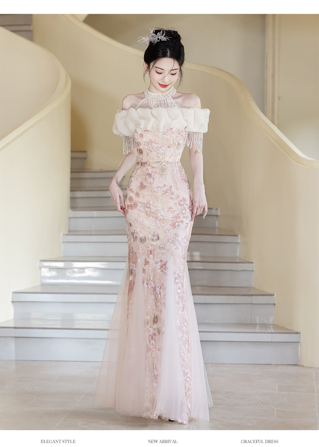 Pink Mermaid Style Bridal Gown Halter Neck off Shoulder Evening Dress Understated Luxury Niche Adult Emcee Morning Robe Toasting Dress_ecoleips.com