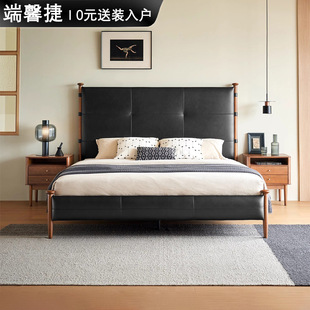 Wutong Bed Genuine Leather Bed French Retro Master Bedroom Top Layer Cowhide Solid Wood Light Luxury 1.8* 2m Double Bed Solid Wood Bed